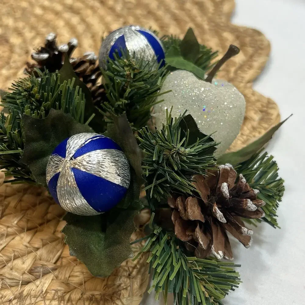 Vintage Set of 2 Blue & Silver Apple Pinecones Satin Ball Taper Candle Rings